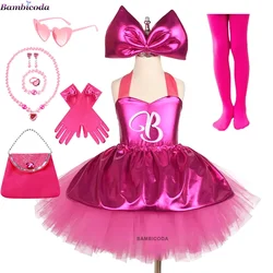Little Girls Knee Length Tutu Dresses for Ba-bi Cosplay Costumes Rosy Big Bow Hairpin Birthday Party Sling Dresses
