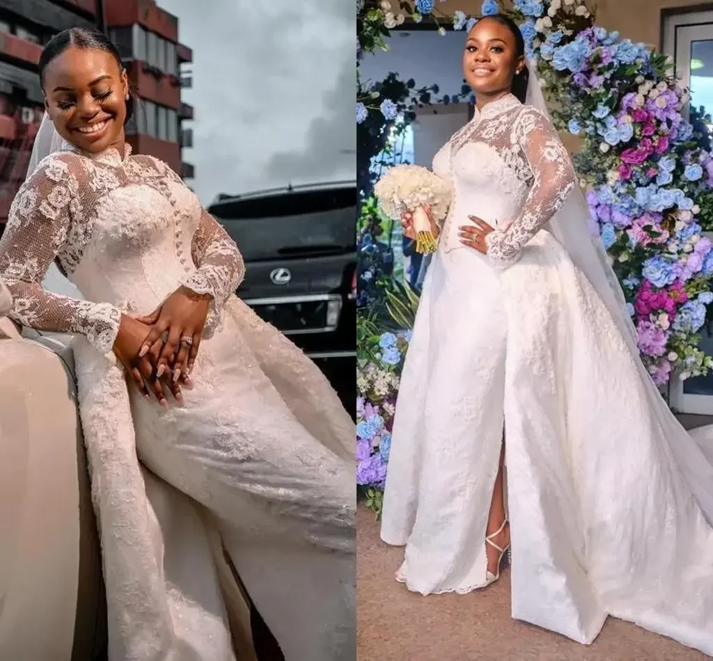 

Customized Nigeria Mermaid Wedding Dresses With Detachable Train High Neck Lace Long Sleeve Plus Size Vestidos Wedding Gowns