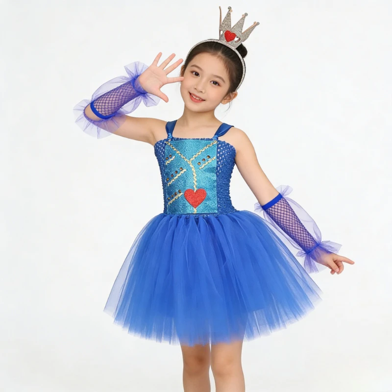 

Royal Blue Evie Descendants Costumes for Kids Red Heart Christmas Tutu Outfit with Crown Gloves Girls Carnival Halloween Dresses