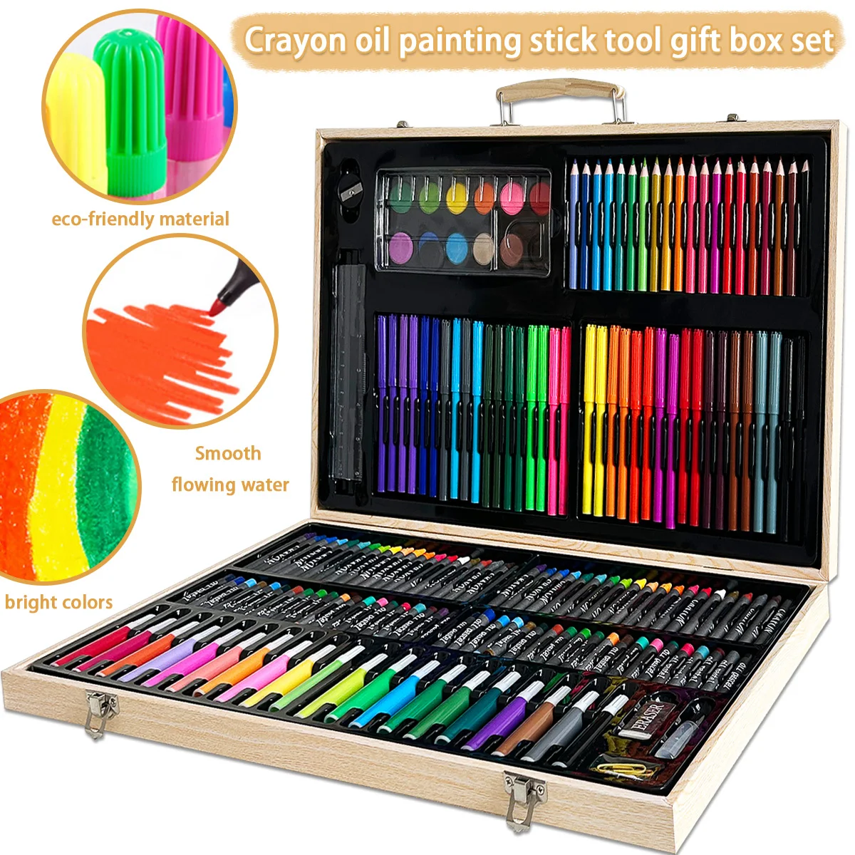 

180PCS wooden box brush watercolor pen set, children's art crayon oil painting stick tool gift box set, Christmas party gift