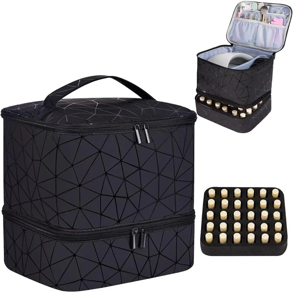 Leather Nail Polish Organizer and Lamp Case, Holds 30+ Bottles (15ml - 0.5 l.oz) and a Nail Lamp, Carrying Case with Manicure To