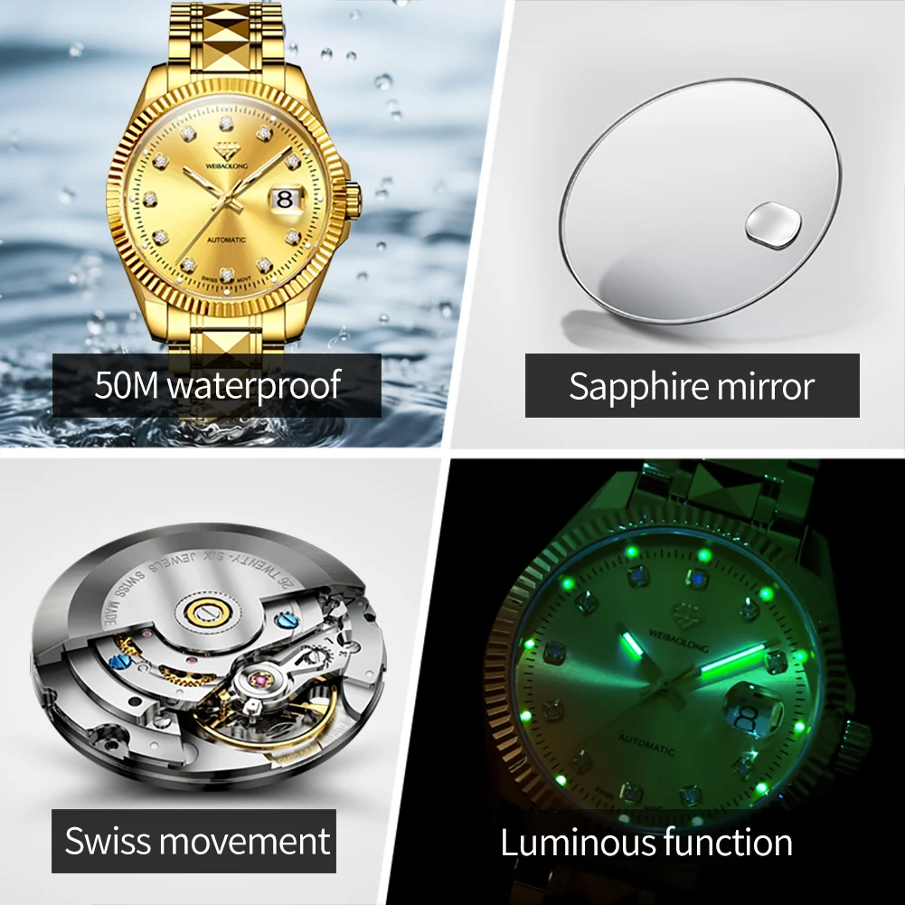 WEIBAOLONG 3802 Mens Watch Luxruy Swiss Movement Automatic Mechanical Watch Tungsten Steel Watches For Man Real Gold Gift Reloj
