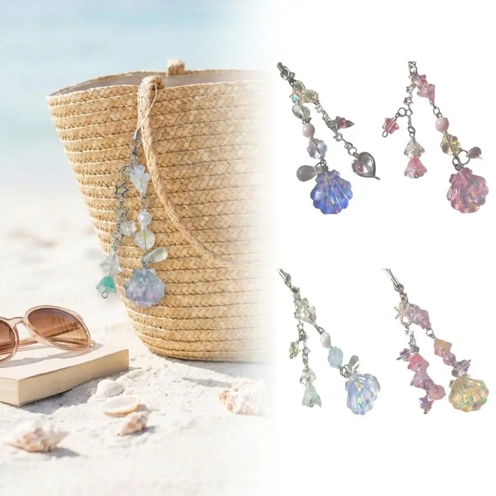 Shell Pendant Keychain Charm Beaded Chain Star Accents Keyring Pendant Metal Hardware Heart Charm Protective Cover