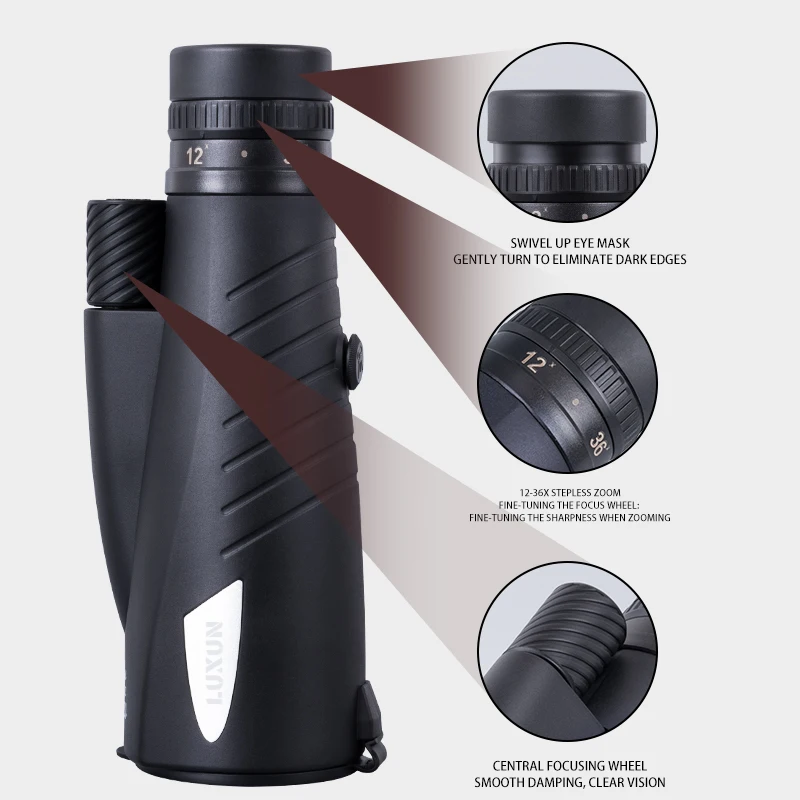 LUXUN 12-36X Monoculars Telescope Monocular with Zoom Bak4 Telescope FMC Spyglass Night Vision Travel Hunting Camping Equipment