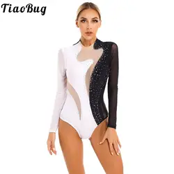 Womens Gymnastics Leotard Long Sleeve Shiny Rhinestone Sheer Mesh  Acrobatics Figure Ice Skating Bodysuit Ballet Dance Costume