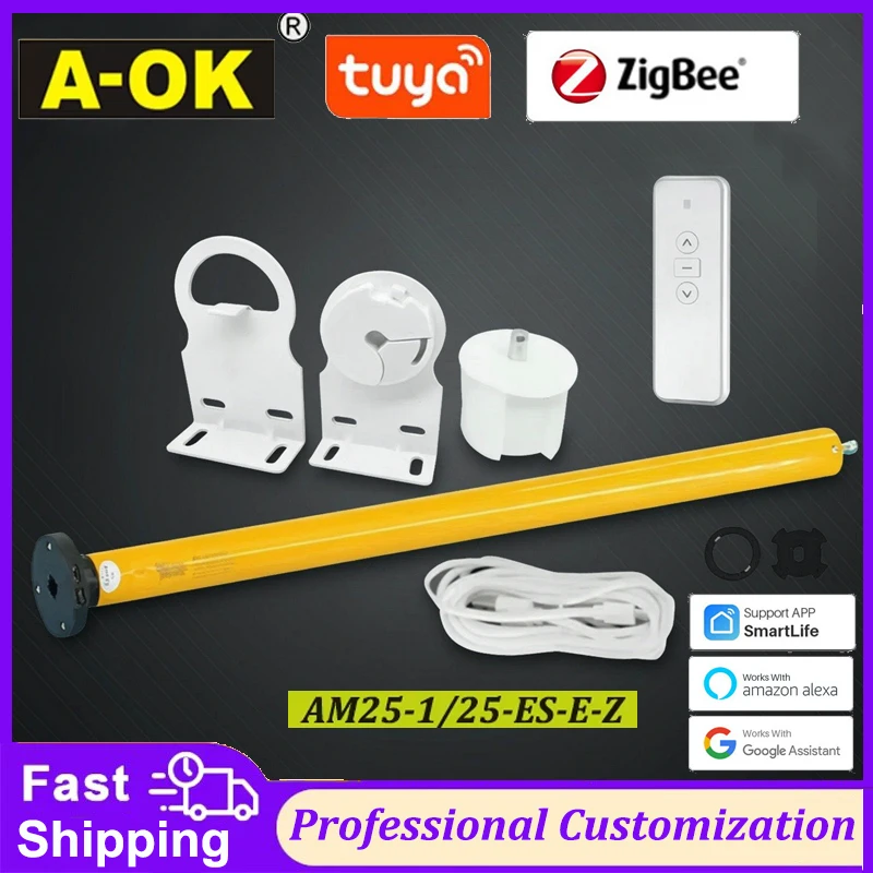 A-OK AM25 Smart Motor for Roller Shutters Zigbee Tuya Compatible with Li Battery RF433 Alexa Google Home 38mm Curtain Tube