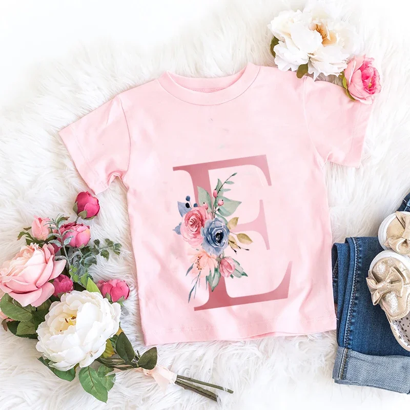 Retro Flowers T-shirt Cotton Pink Lucky Letter  26 English letters A B C D  Kids Girl Boy Children Trend T Casual Clothes Short