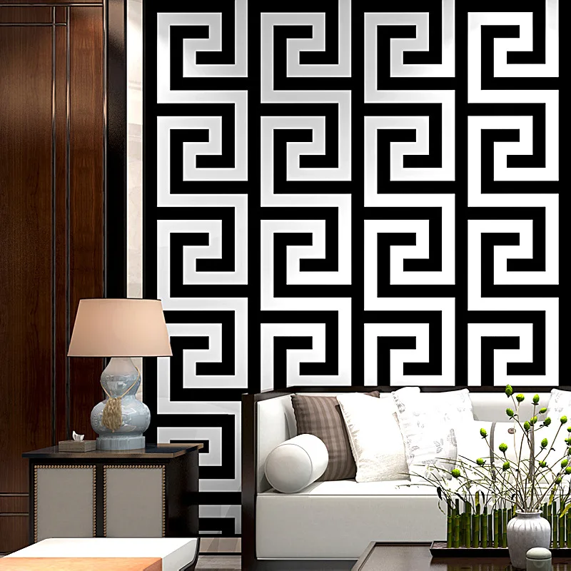 Greek Key Lattice Modern Geometric Texture Flocked 3D Wallpaper Hotel Study Living Room TV Background Non Woven Wallpaper Rolls