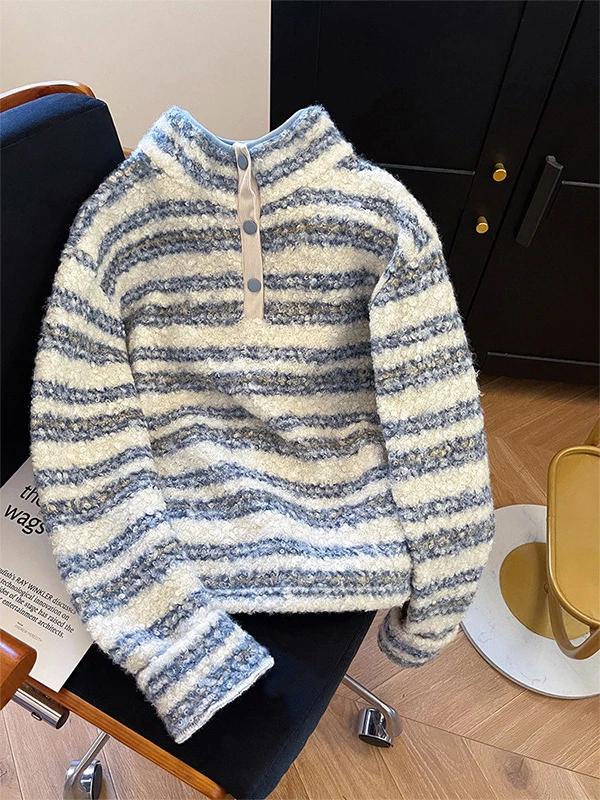 

Blue Striped Half High Collar Fleece Lined Oversized Women's Sweatshirt Autumn Winter New Design Versatile Comfortable Innerwear