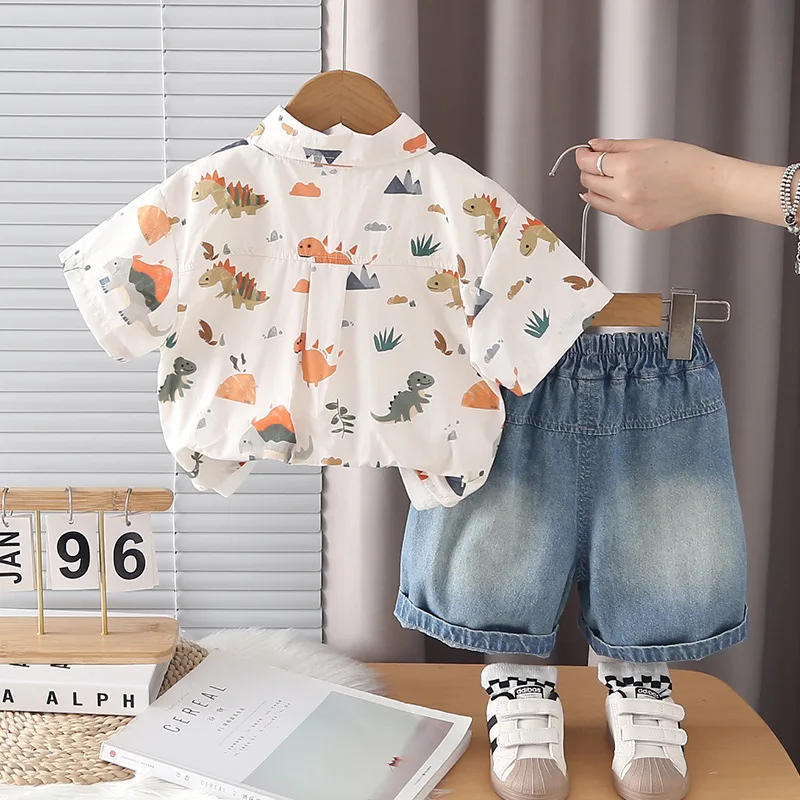Baby Boys Suit Korean Fashion Summer Clothes Cartoon Dinosaur Print Shirt  + Short Sleeve T-shirt + Denim Shorts Three Piece Set