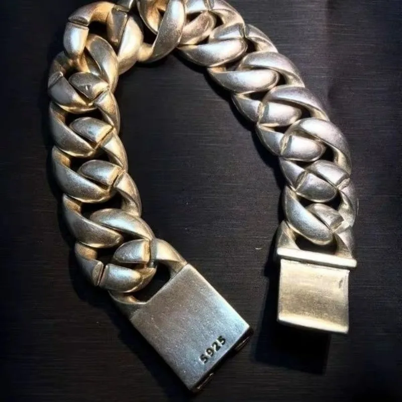 Vintage Hollow Tibetan & Miao Silver Bracelet Thick Hip Hop Chain for Men Trendy Bold Retro Jewelry