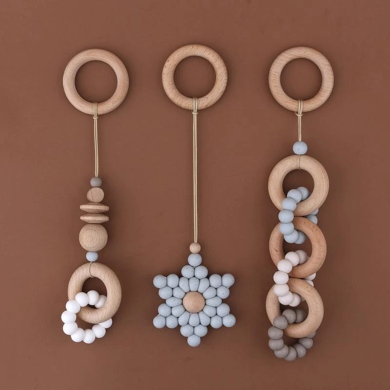 J15U صالة الألعاب الرياضية للأطفال الإطار المعلقات حلقة خشبية سيليكون الخرز عضاضة عربة حشرجة الموت الرضع حديثي الولادة التسنين #5