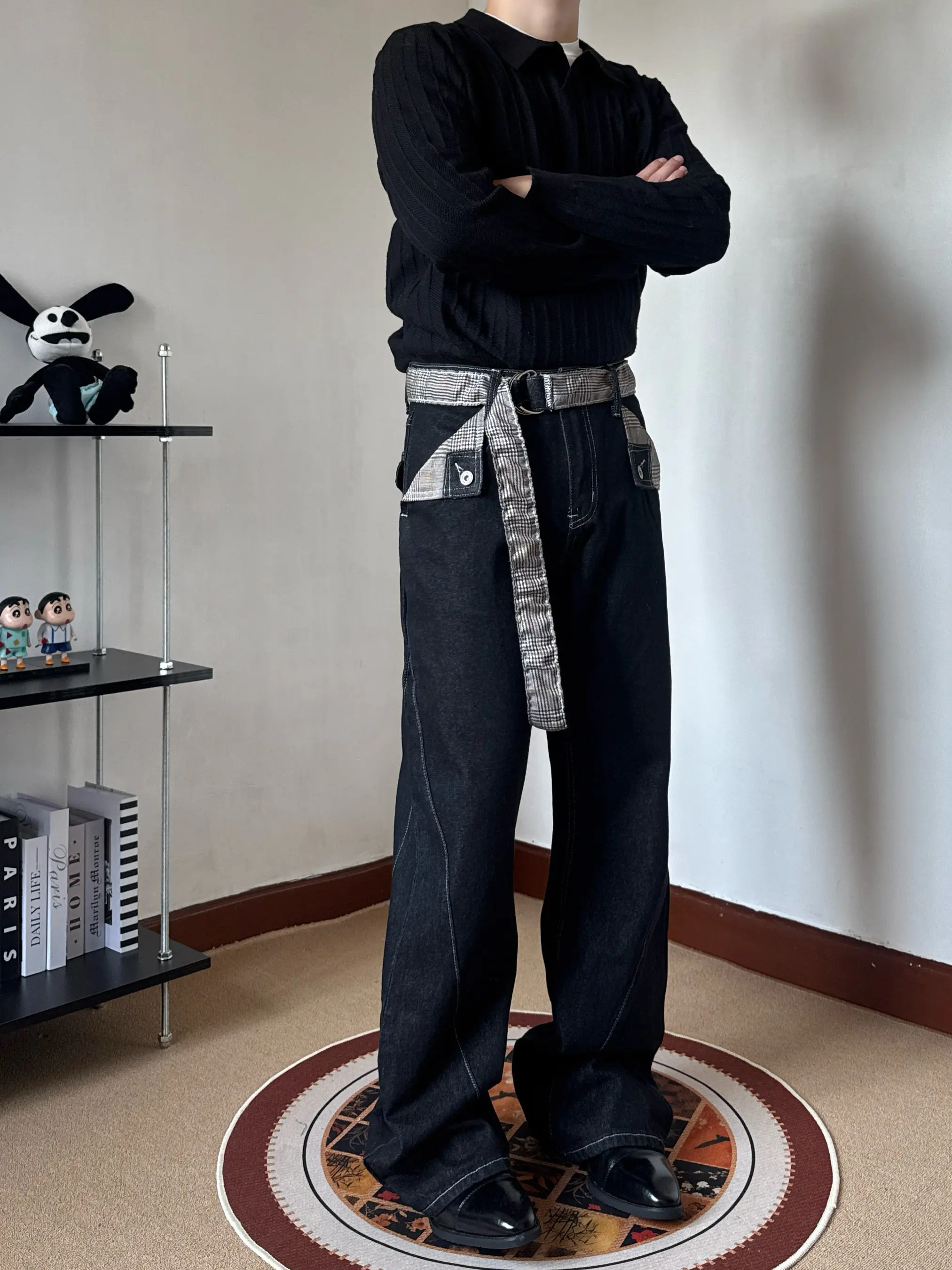 

Мужские джинсы Cleanfit в американском ретро-стиле с клетчатым поясом, декоративным косым кроем, прямые, слегка расклешенные, стройнящие, удлиненные