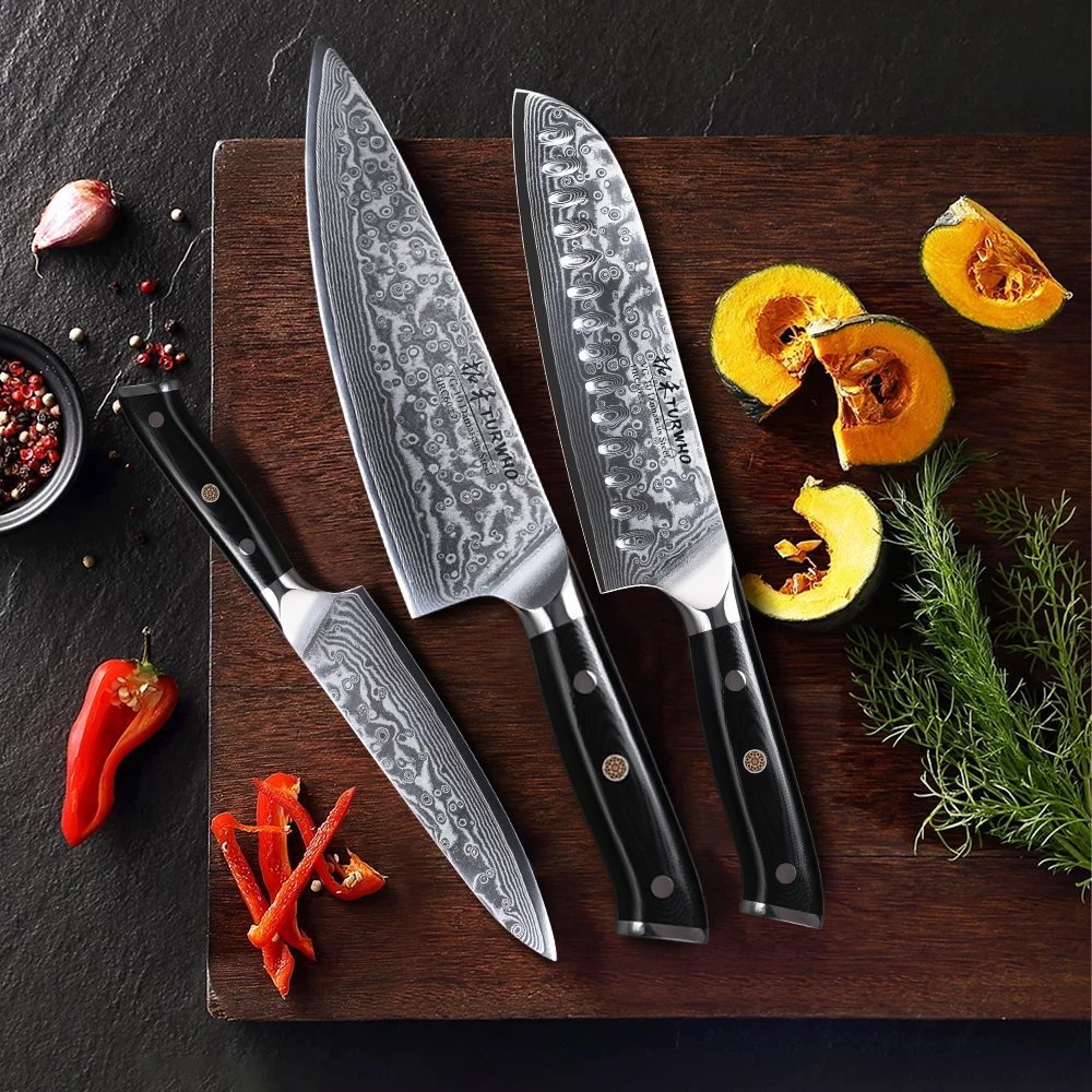 TURWHO Kitchen Knives Set of 3 Chef Knives 67 Layers Damascus Steel Santoku Meat Cutter Slicing Bread Multi Purpose Knives