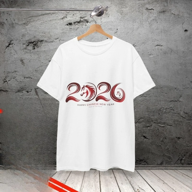 سنة الحصان 2026 للجنسين قميص السنة القمرية الجديدة الصينية زودياك رسائل بسيطة مطبوعة القطن قمم تي شيرت Crewneck موضة تيز #3