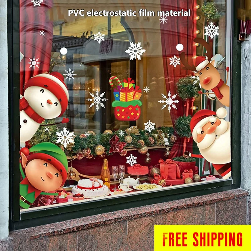 

Christmas Snowman Deer Santa Claus Glass Window Sticker New Year Decoration Mural Room Home Decor Static Wall Sticker