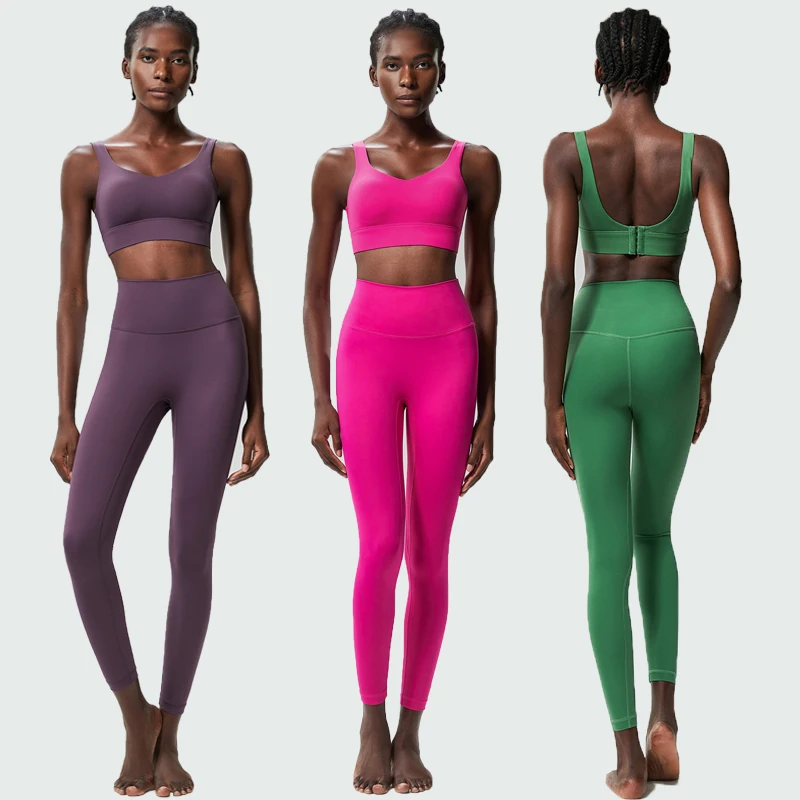 Two Pieces Fitness Yoga Set Women Solid Color Buttery Soft Gym Suit Breathable Quick Dry Running Sportswear Workout Clothes