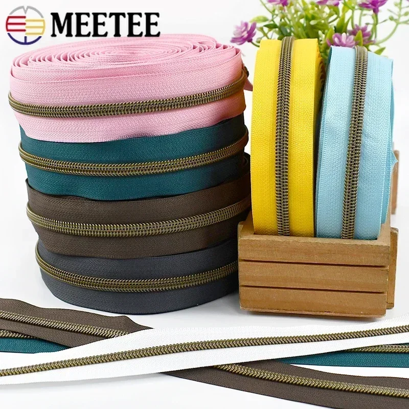 5/10/20/30/50M 5# Nylon Zipper Colorful Tape Bronze Teeth Open-End Zips Tailor for Bag Clothes Repair Kit DIY Sewing Accessories