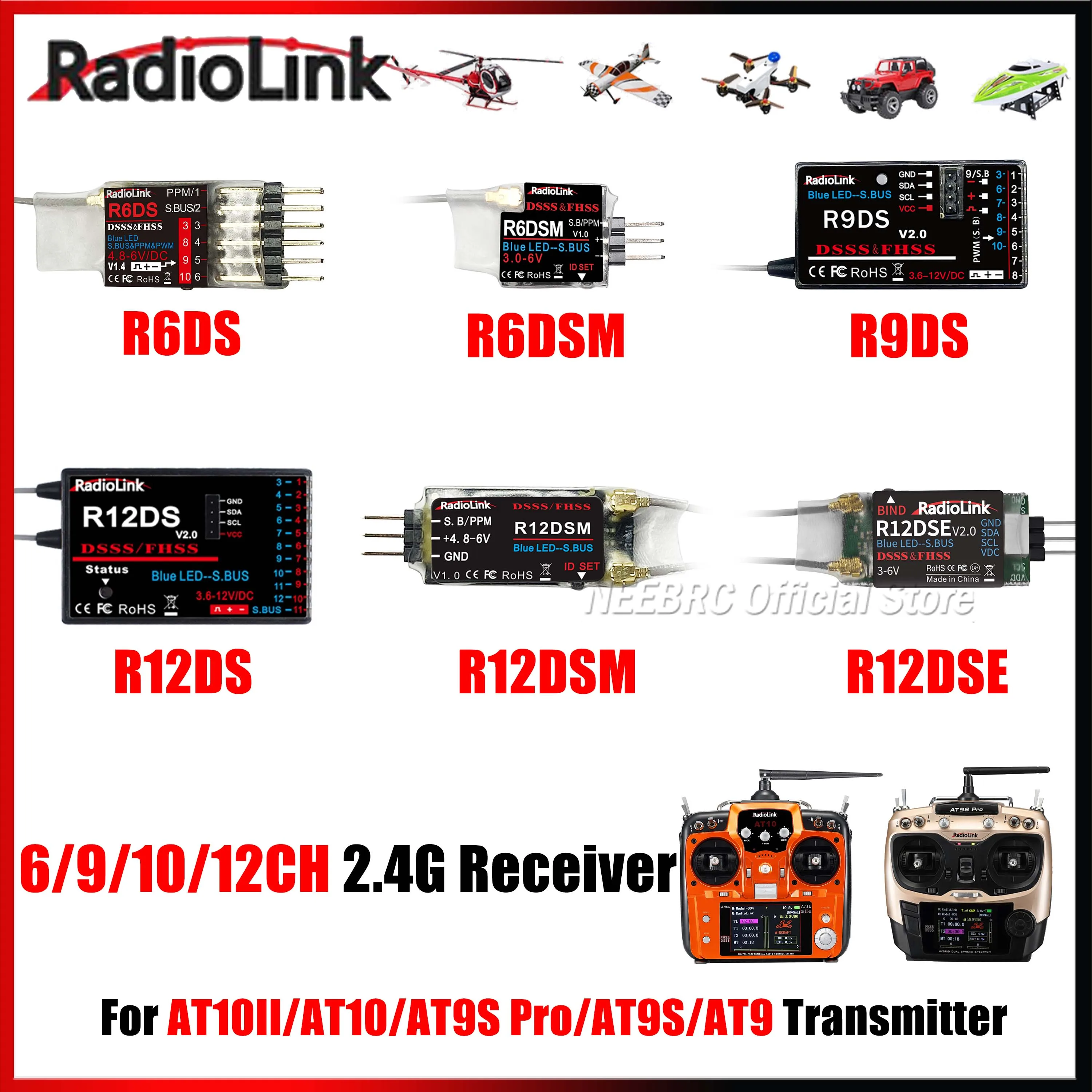 RadioLink 6/9/10/12채널 R6DS R6DSM R9DS R12DS R12DSM R12DSE 2.4G 수신기 RC 자동차 로봇 드론 AT10II/AT10/AT9S Pro/AT9S/AT9용