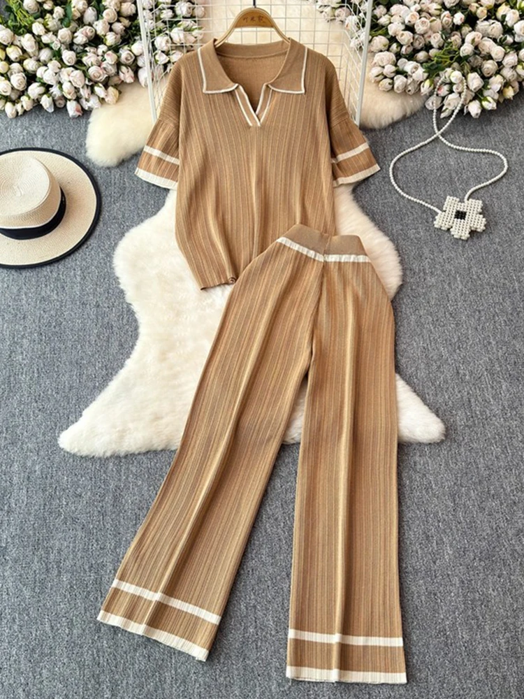 Summer Autumn Knitting Sweater Pants Suits Women Wide Leg Pants Two-piece Set