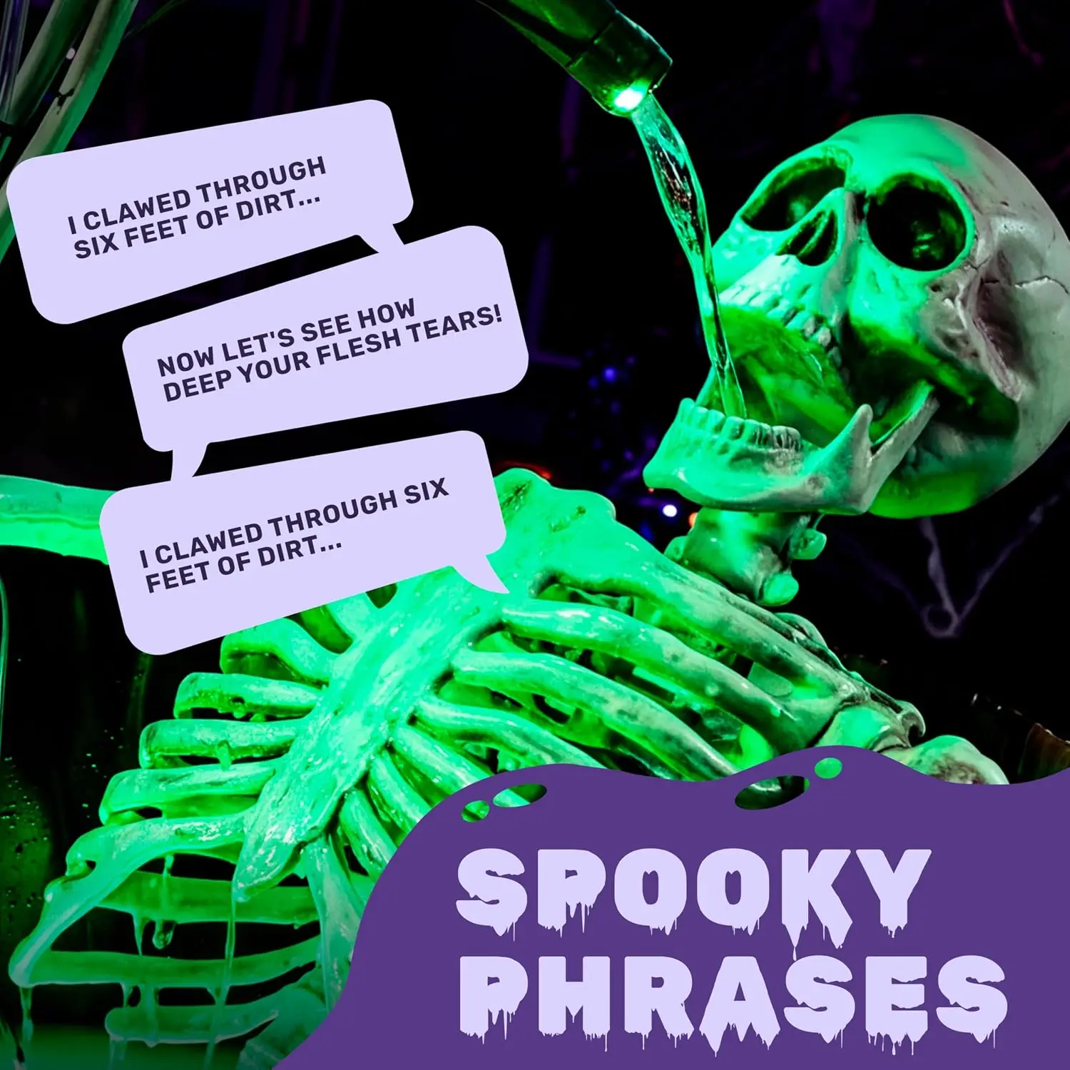 Halloween Outdoor Decoration, 5ft Life-Size Animatronic Drinking Skeleton Haunted Prop with Endless Liquid Pouring Effect, Green LED Lights and Spooky Sounds for Garden Yard Lawn 6
