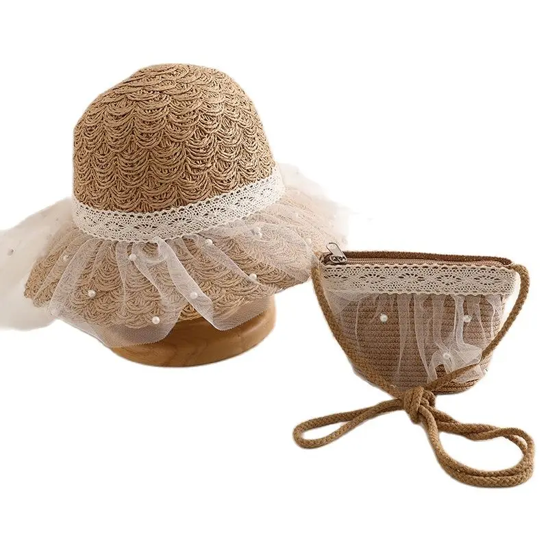 

XEONGKVI Korean Bud Silk Pearl Parent-Child Sun Hats Bag Set Spring Summer Beach Straw Kid Hats For Girl Women