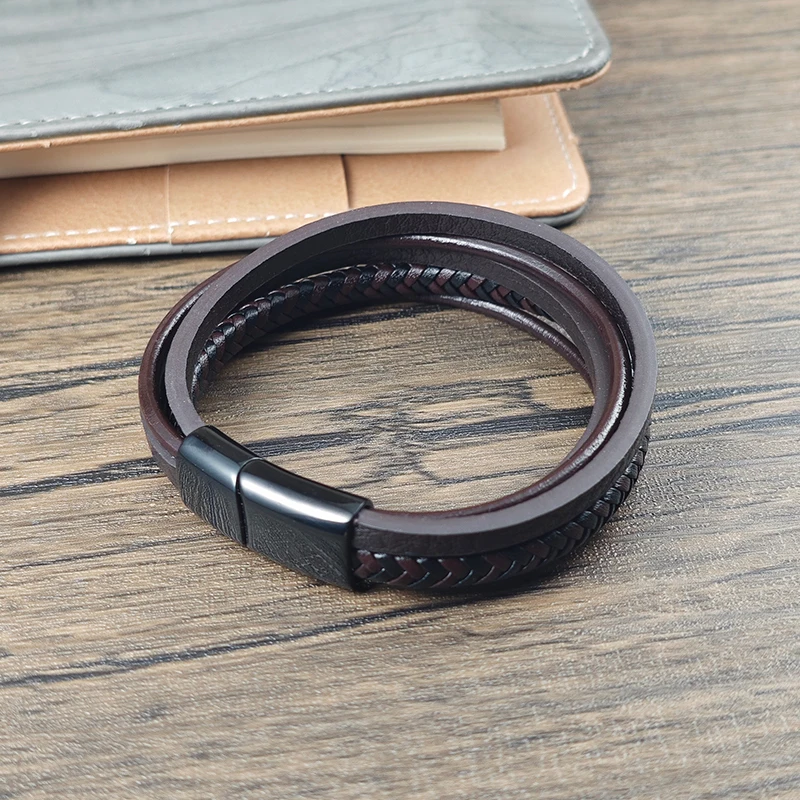 Vintage Herren Lederarmband Braun Geflochten Mehrschichtig Edelstahl-Verschluss Lässiges Armband Schmuck Geschenk für Freund – Detail 6