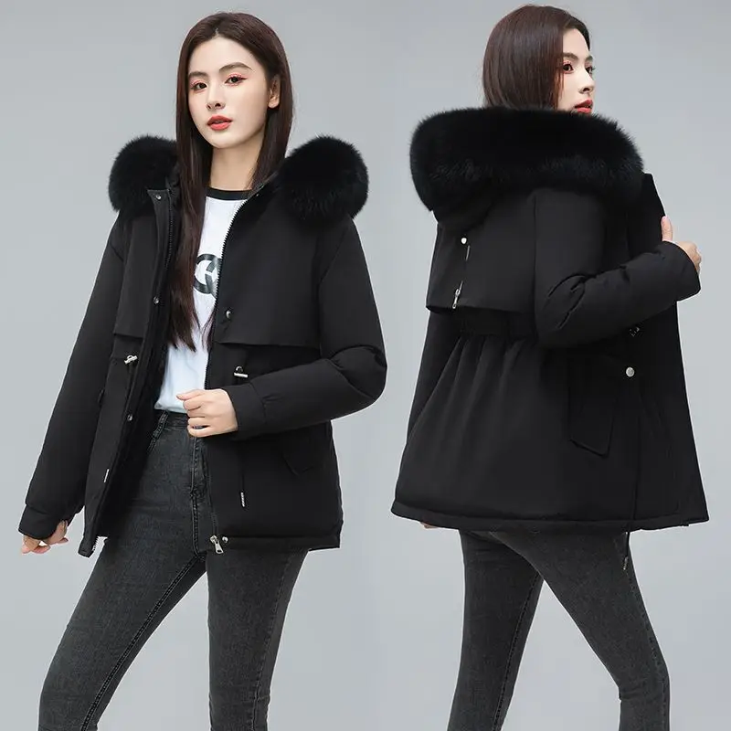 Chaqueta de invierno con capucha para mujer, Parkas acolchadas de piel sintética larga y gruesa, abrigo desmontable de talla grande, cortavientos negro y caqui, prendas de vestir exteriores para mujer