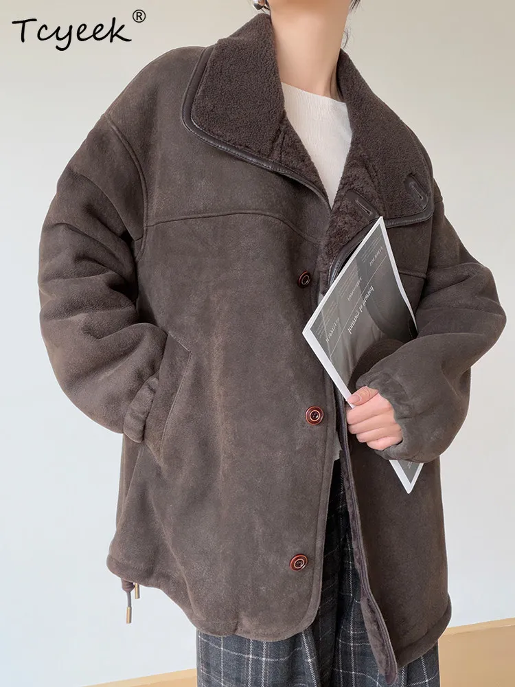 Tcyeek 本革ジャケット レディース 天然メリノ羊毛皮コート 冬用ジャケット 2025 ミドル丈衣料 女性用