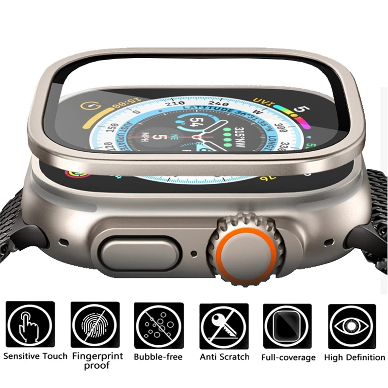 حافظة من سبائك الألومنيوم + زجاج مقسى لساعة أبل الترا 2 49 ملم واقي شاشة مضاد للخدش لفيلم غطاء iWatch Ultra 49 ملم