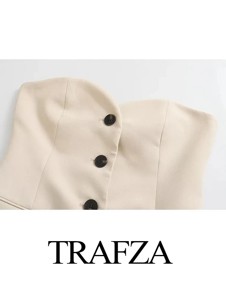 TRAFZA 2024 New Woman Suits Elegant Single-breasted Pocket Strapless Slim Tube Top + Zipper Female Straight Leg Slit Long Pant