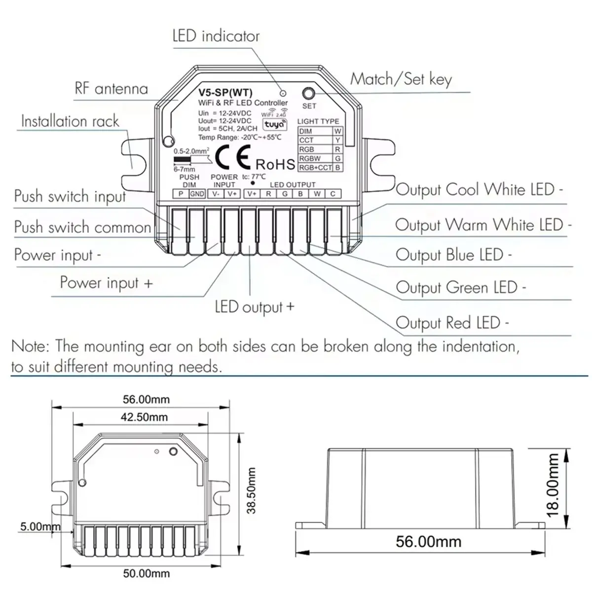 popop Tuya WIFI LED Controller Moudle DC12V-24V 5CHx2A 5050 COB 2835 5in1 LED Strip Dimmer Touch Switch Tuya Smart Life RF