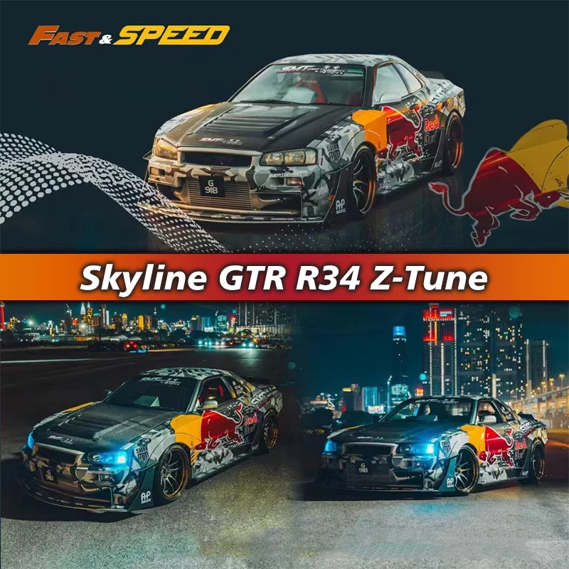 

FS In Stock 1:64 Skyline GTR R34 Z Tune High Wing Bull SRS Diecast Diorama Car Model Collection Miniature Fast Speed