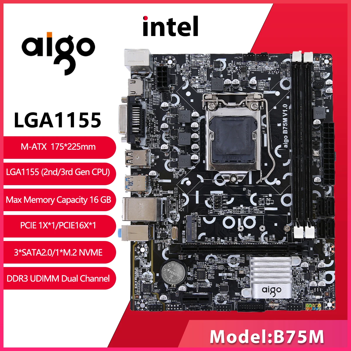 

Aigo B75M Motherboard Intel B75 Socket LGA 1155 i3 i5 i7 Dual-channel DDR3 SATA3 USB3.0 M.2 NVME Desktop Computer PC Motherboard