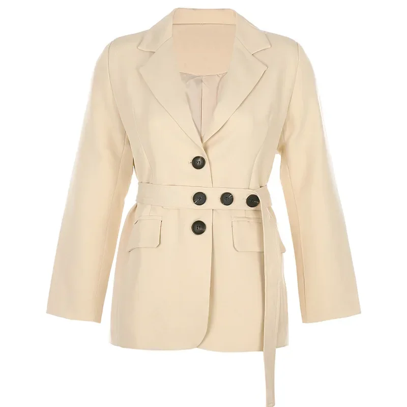 Two Buckles Long Sleeve British Style Solid Colors Blazers Loose Casual Suits with Sashes Women New Fashion Office Work Blazer