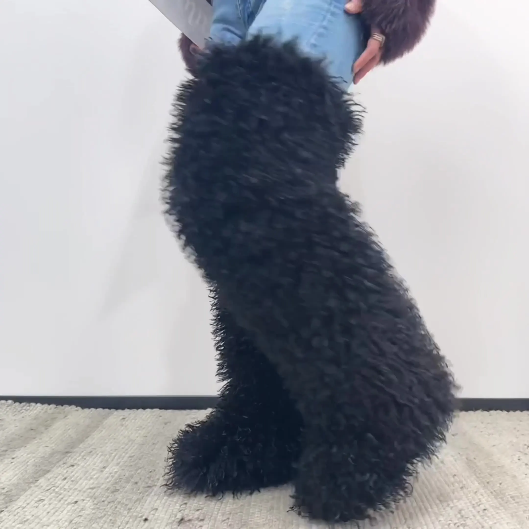 

IPPUEM Thigh High Mongolian Fur Boots For Women Winter Plus Size 46 2025 New Flat Heel Snow Boots Long Plush Shoes