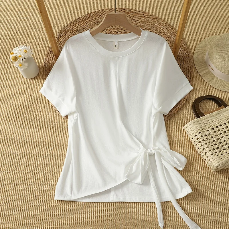 White Loose Waist Design Short Sleeve T-Shirt Women's Summer New Style Pure Color Casual Loose Top Ladies Fashion Basic Shirt