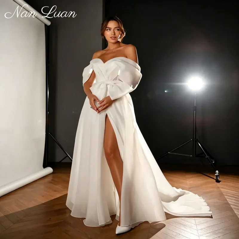 26 Styles Big Bow Waist Off Shoulder Wedding Dress Sheer Shimmer Organza A Line Chapel Train Vestidos de Novia Customized