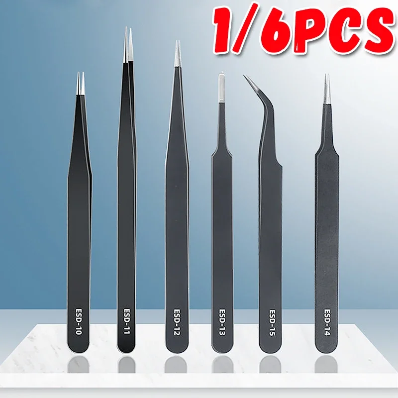 1/6PCS Precision Tweezers Set ESD Anti-Static Stainless Steel Tweezers Repair Tools for Electronics Repair Soldering Craft Tools