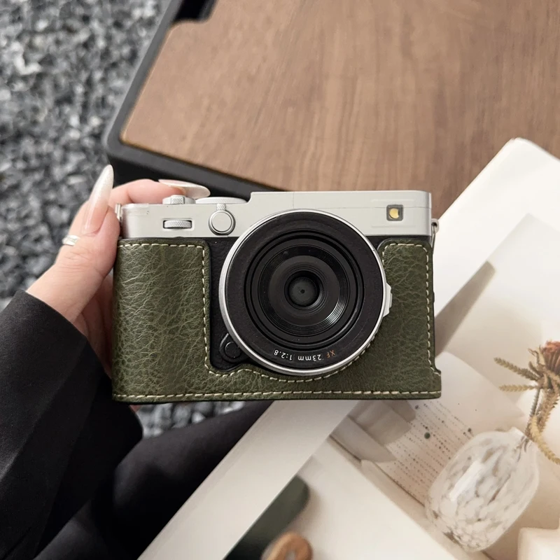Buffalo Pattern PU Leather Case Camera Bag Half Body Base Protector for Fujifilm X-E5 XE5 Protective Opening Bottom Cover +Strap