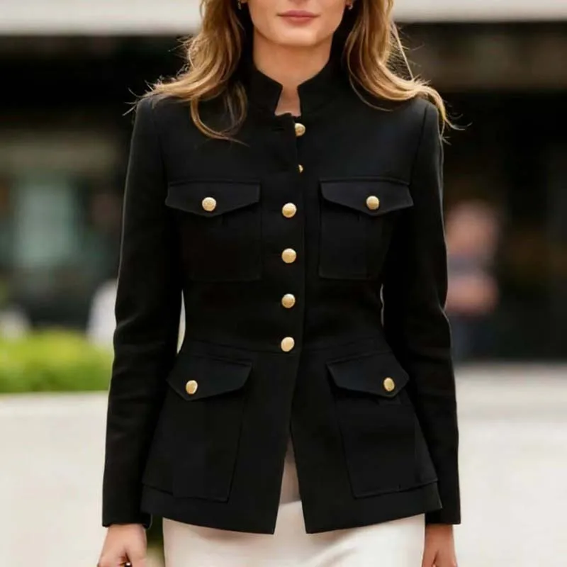 

2026 Women's Elegant Suit Jackets Vintage Black Button Slim Fit Multi-Pocket Temperament Office Blazer Outerwears Streetwear