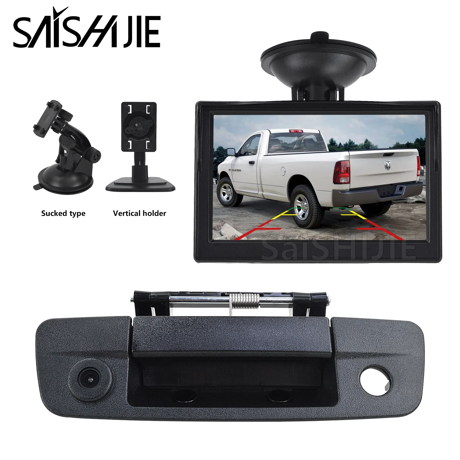 

Pickup Truck Tailgate Handle Reversing Rear View Camera 5 inch Monitor Kit for Dodge Ram 1500 2500 (2009-2017) Backup Camera