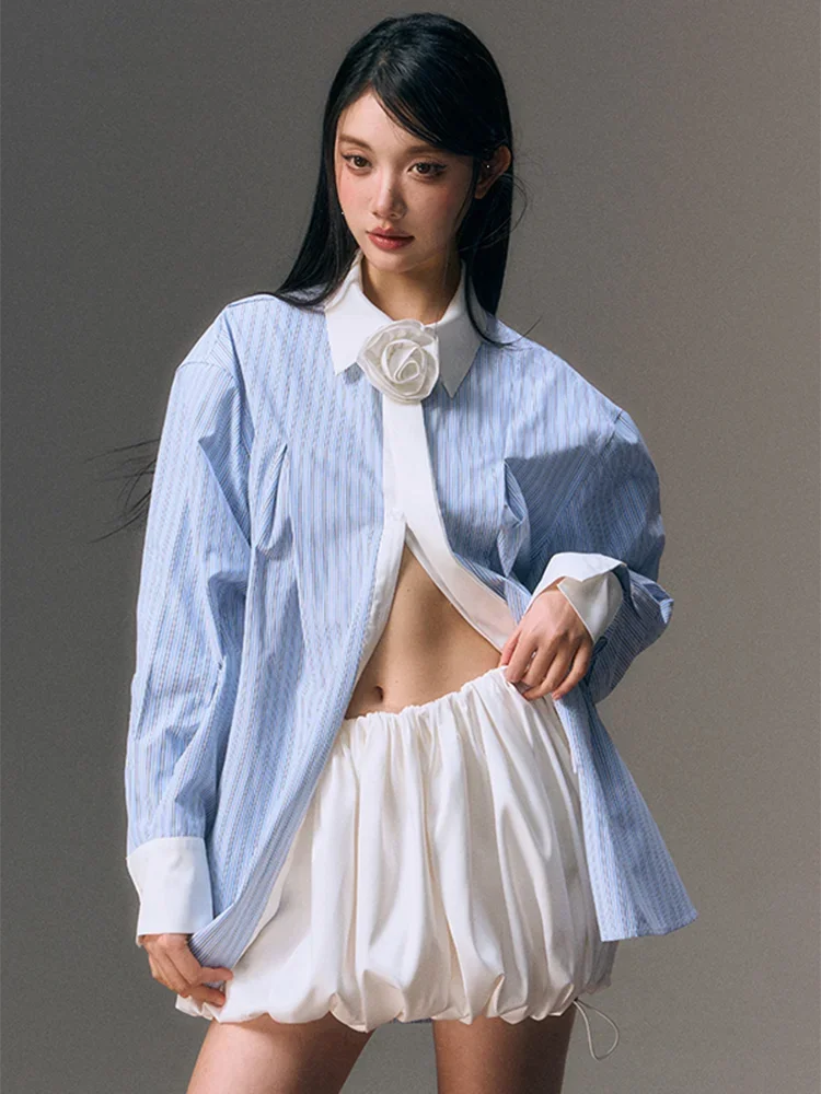 Zoki ثلاثية الأبعاد الأزهار مخطط قميص المرأة عادية أنيقة طويلة الأكمام الكورية بلوزة فضفاضة تصميم الأزياء المرقعة الإناث الحلو القمم جديد #6