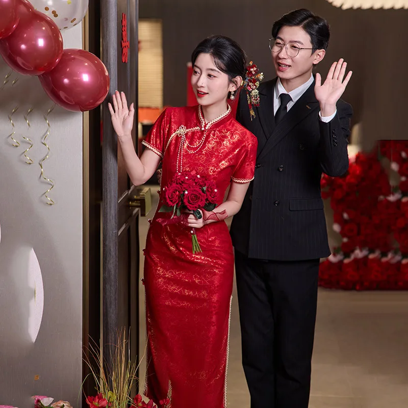 

Красное длинное модифицированное платье Cheongsam в китайском стиле, новинка 2025, ретро, обручальное свадебное платье для невесты, лето Qipao
