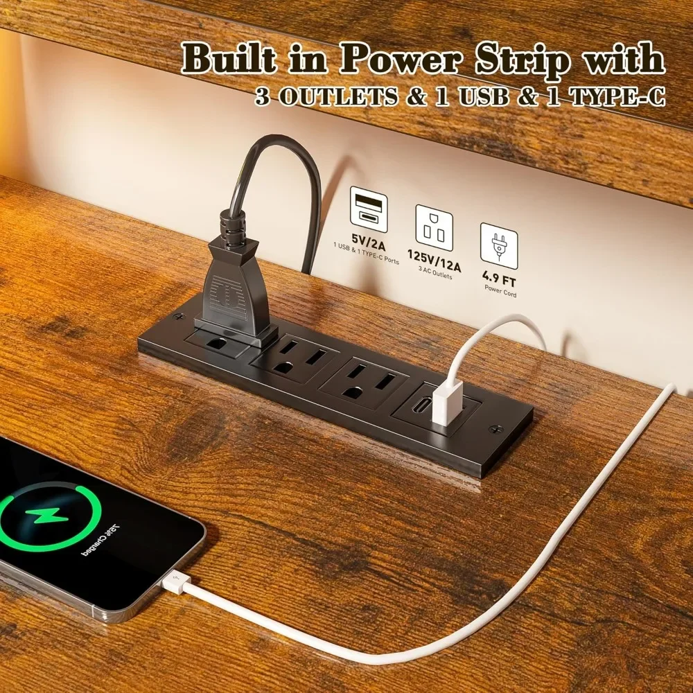 Gaming Desk with LED Lights, Computer Desk with Drawers, Home Office Desks with Power Outlets and Storage, Office Desks