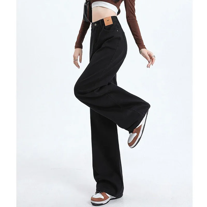 Pantalones vaqueros ajustados de cintura alta para mujer, pantalones vaqueros de pierna recta negros para niñas, pantalones vaqueros holgados coreanos clásicos para mujer