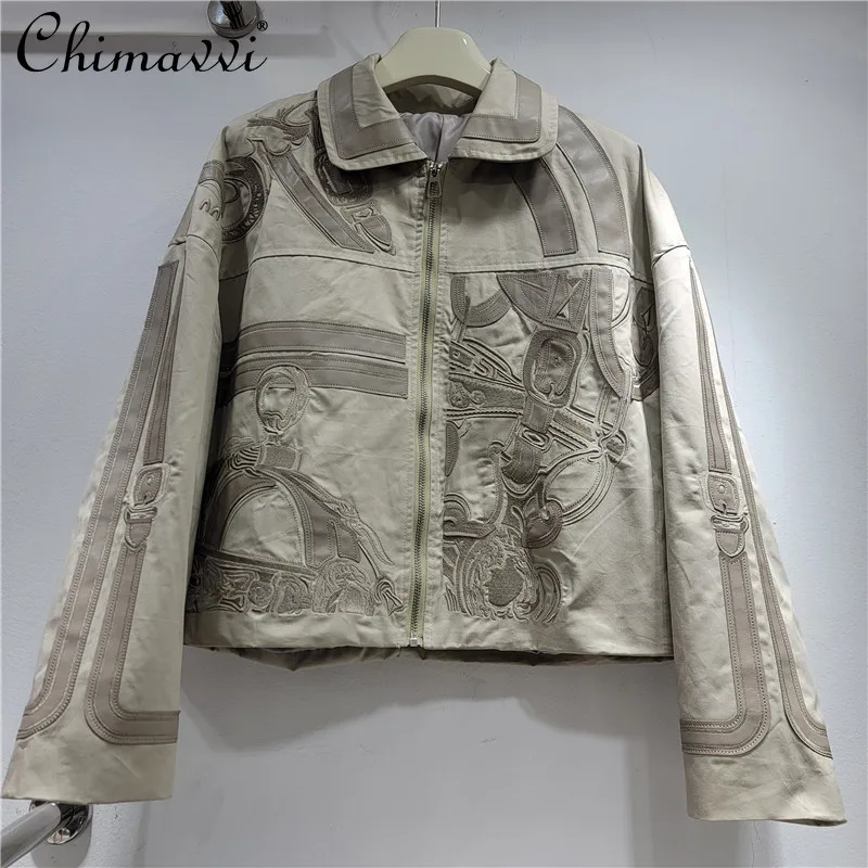 Spring New Heavy Embroidery Patchwork Design Women's Loose Casual Short Top Fashion Long Sleeve Loose Personality Jacket