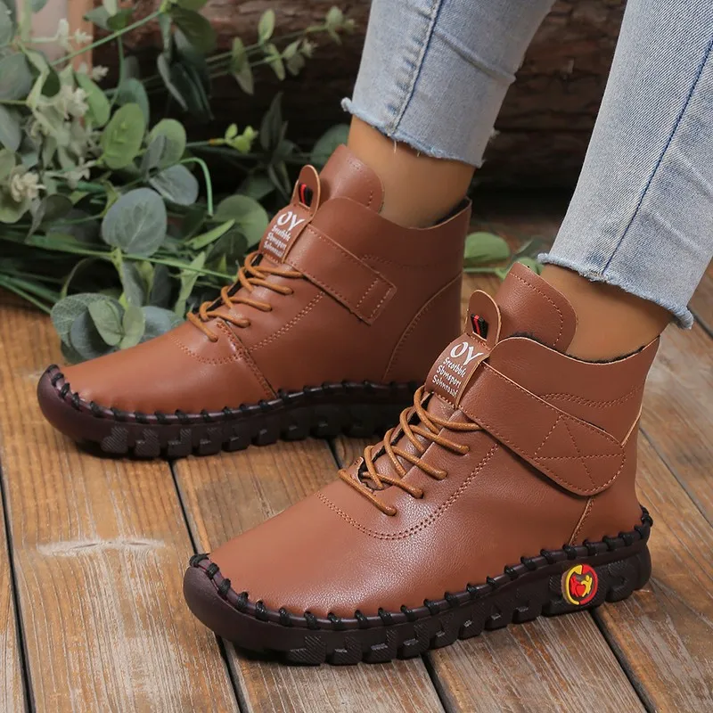 Large Size Cotton Shoes Hand Stitched Thick Soled Woolen Shoes Women's Winter Plus Fleece Warm Shoes Soft Soled Ankle Boots