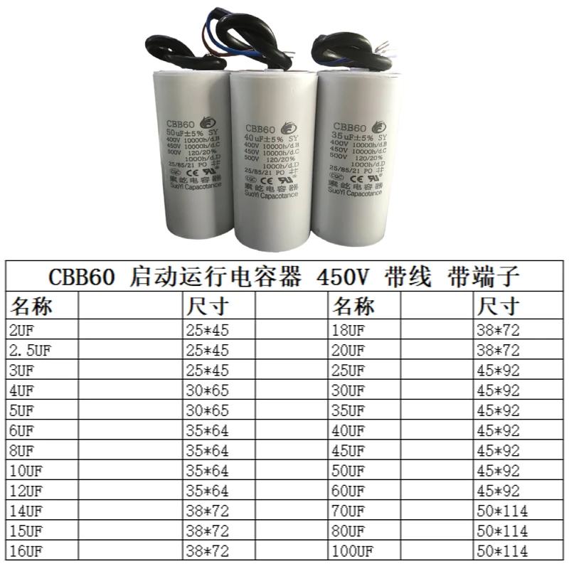 CBB60 450V 2uF~100uF PET Material Motor Starting Capacitor with Wire Terminal ,Explosion-proof for Air Compressor Motor etc.