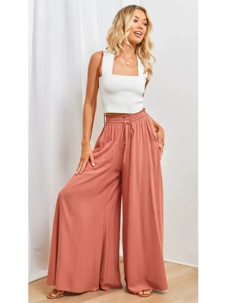 

Fashion Pleated Lace Up Pants For Spring Summer Women's Solid Color Casual Wide Leg Loose Pants With Pockets